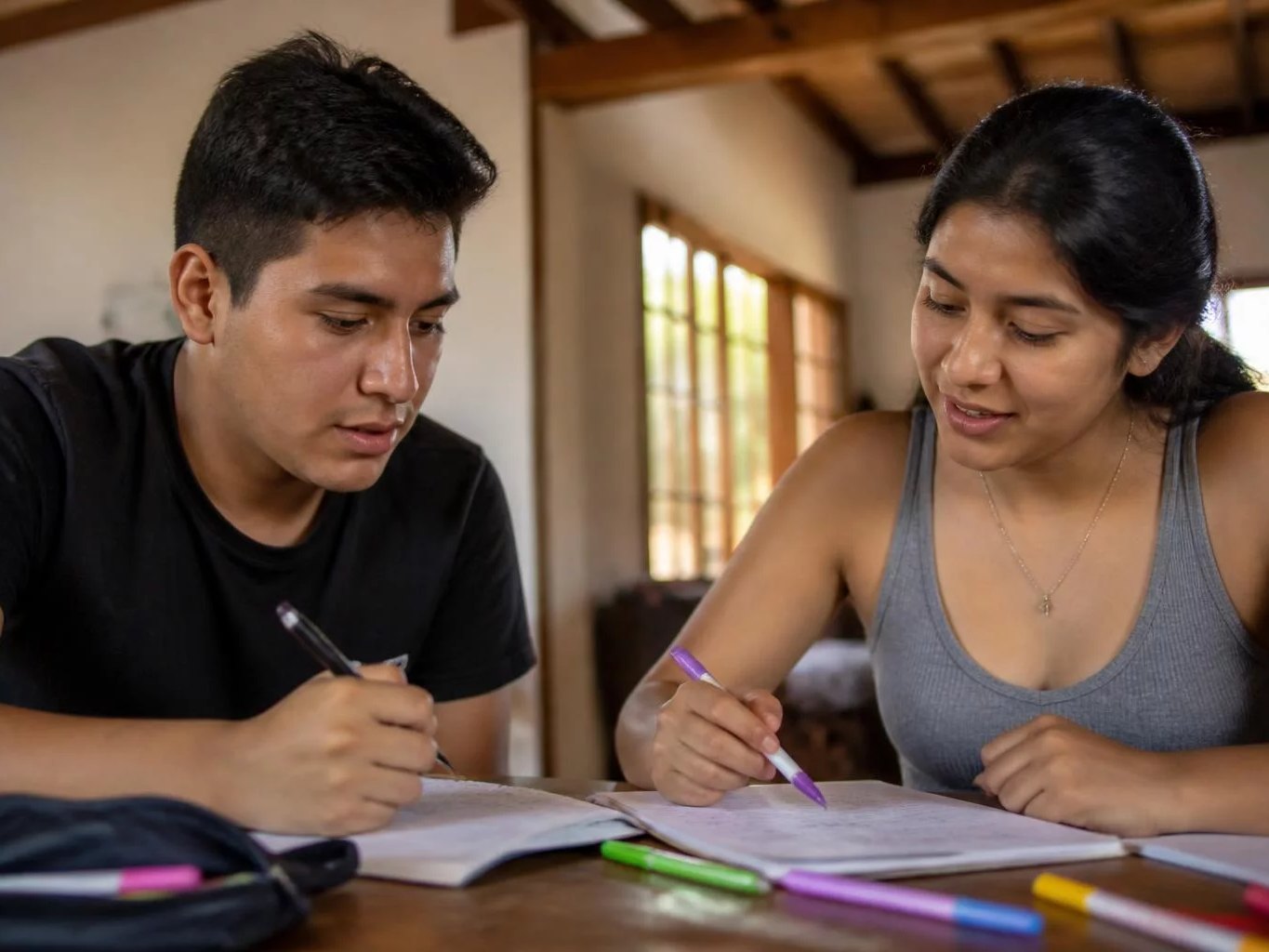 Dos personas organizando sus apuntes con plumones de colores