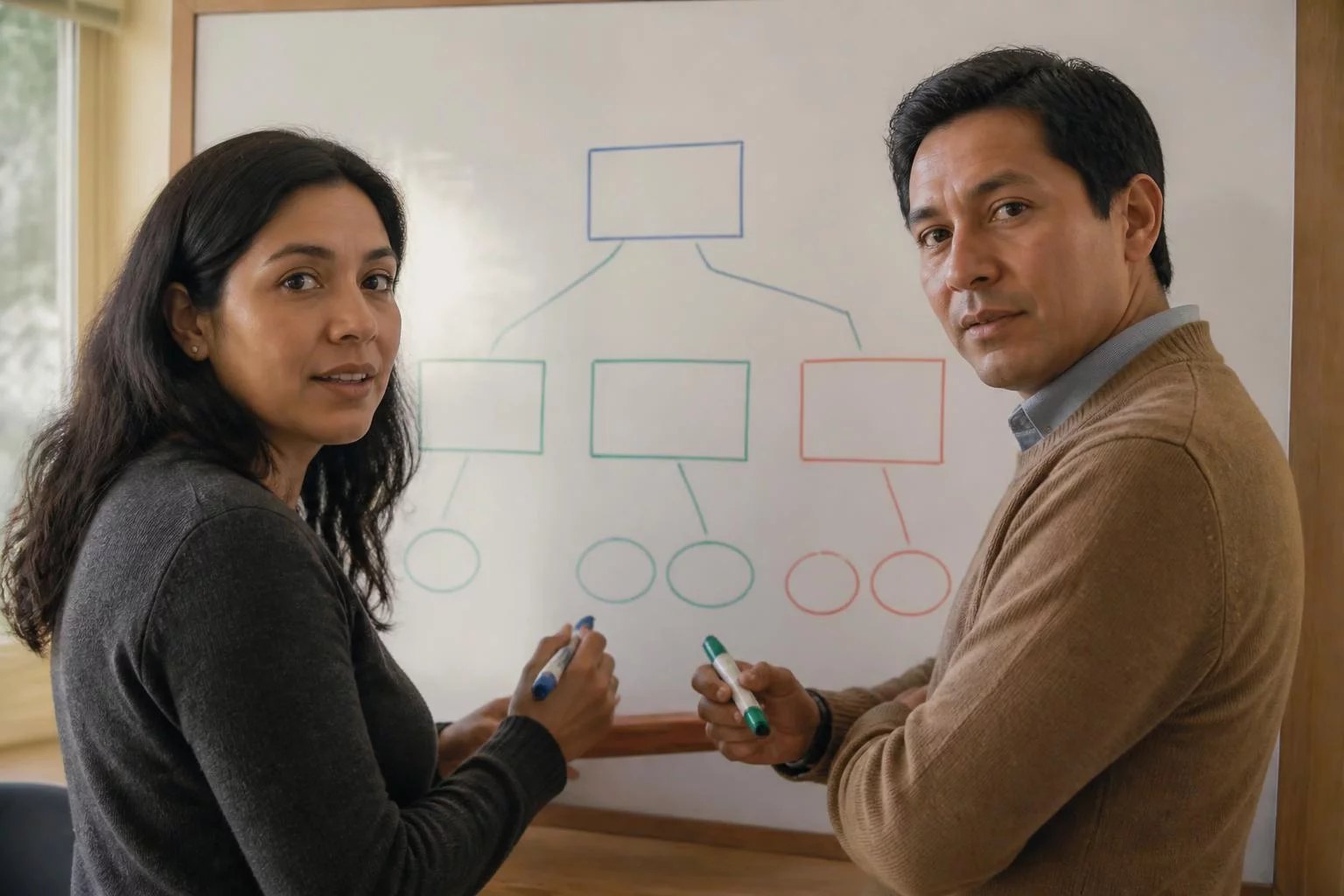 Dos personas trazando en la pizarra la estructura de un argumento