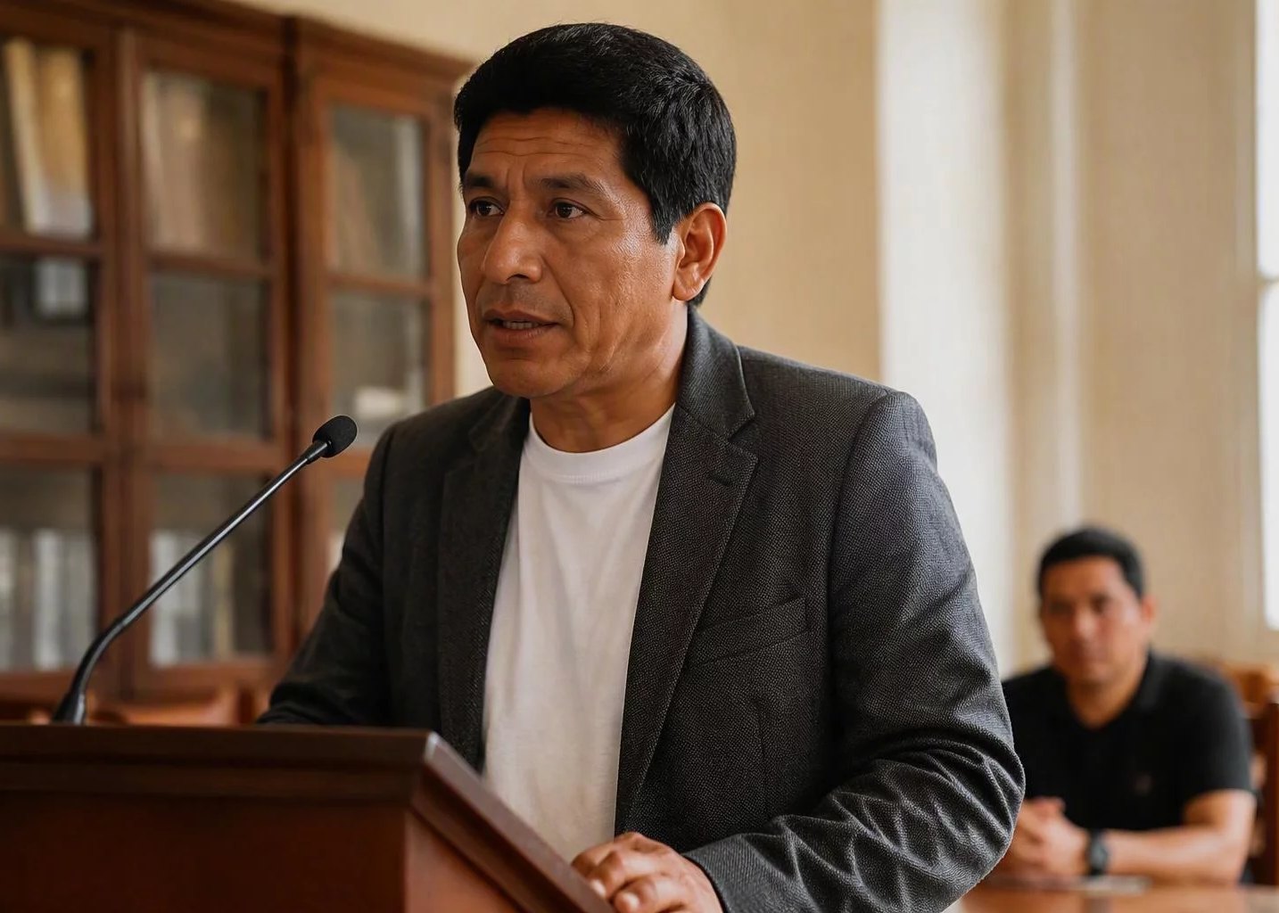 Micrófono montado en el atril de madera