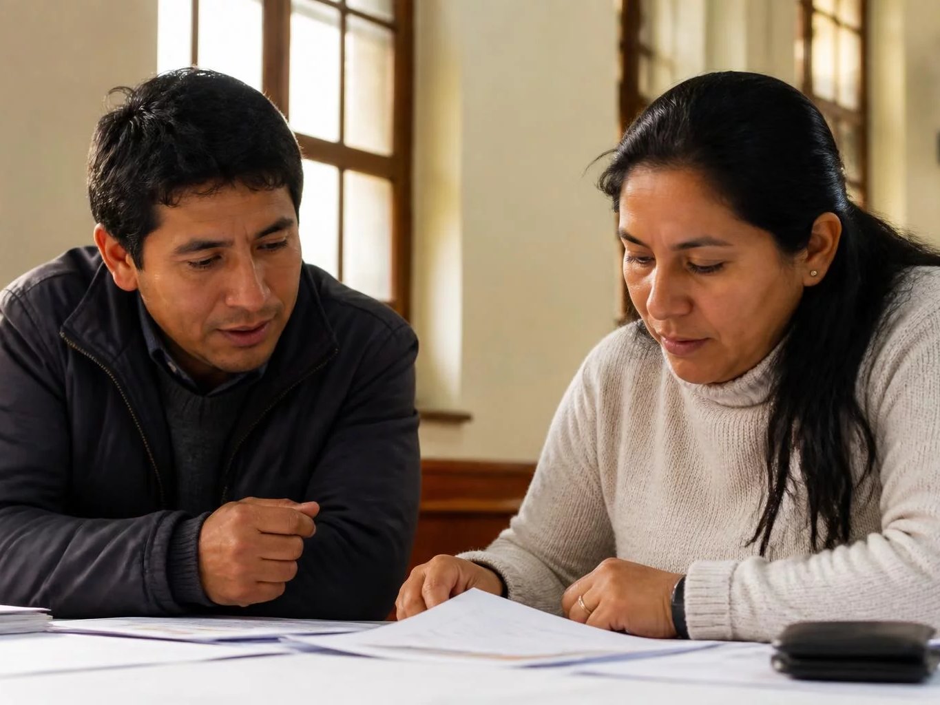 Dos personas revisando apuntes impresos sobre la mesa