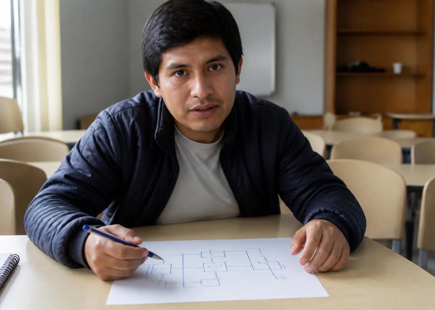 Hoja con un esquema de lógica dibujado a mano y un lapicero al lado