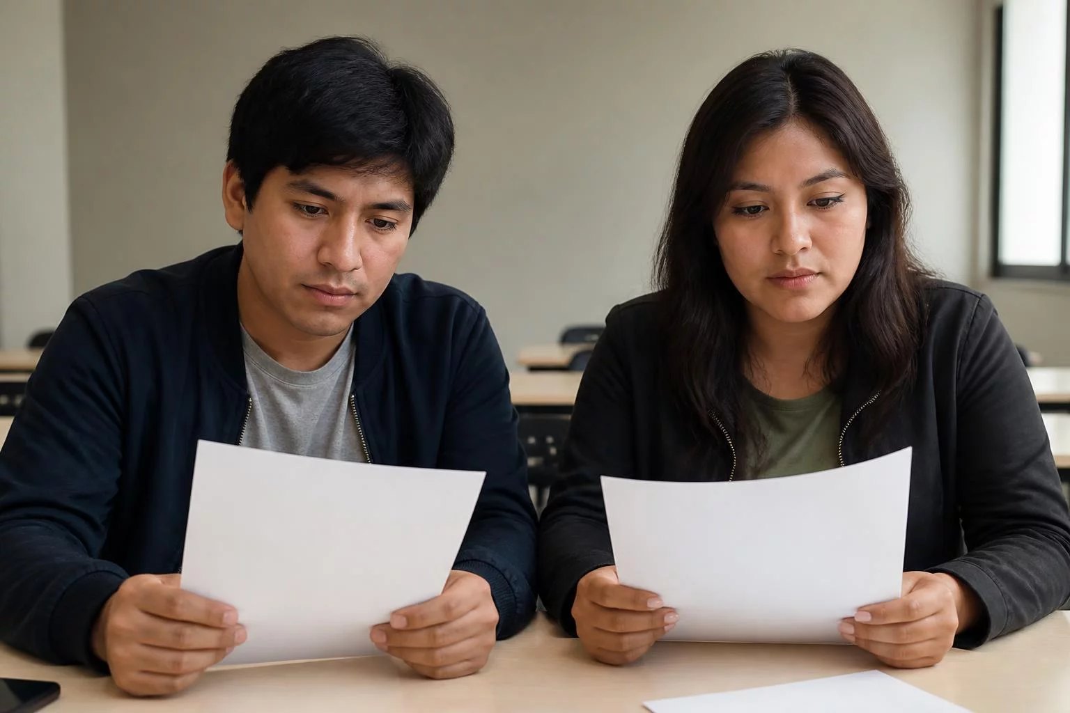 Dos personas repasando páginas impresas de argumentos