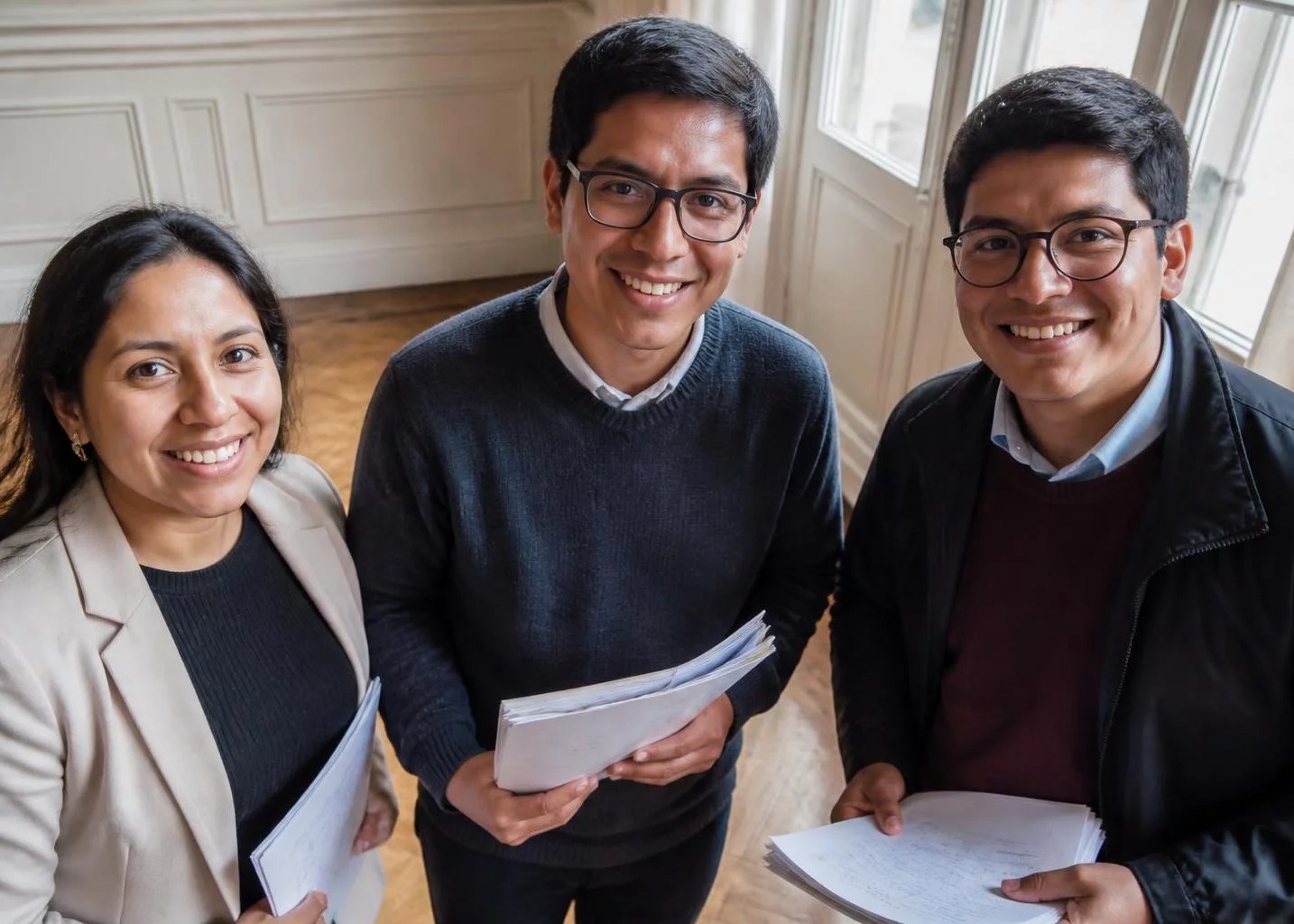 Tres adultos con sus apuntes, al cerrar la sesión