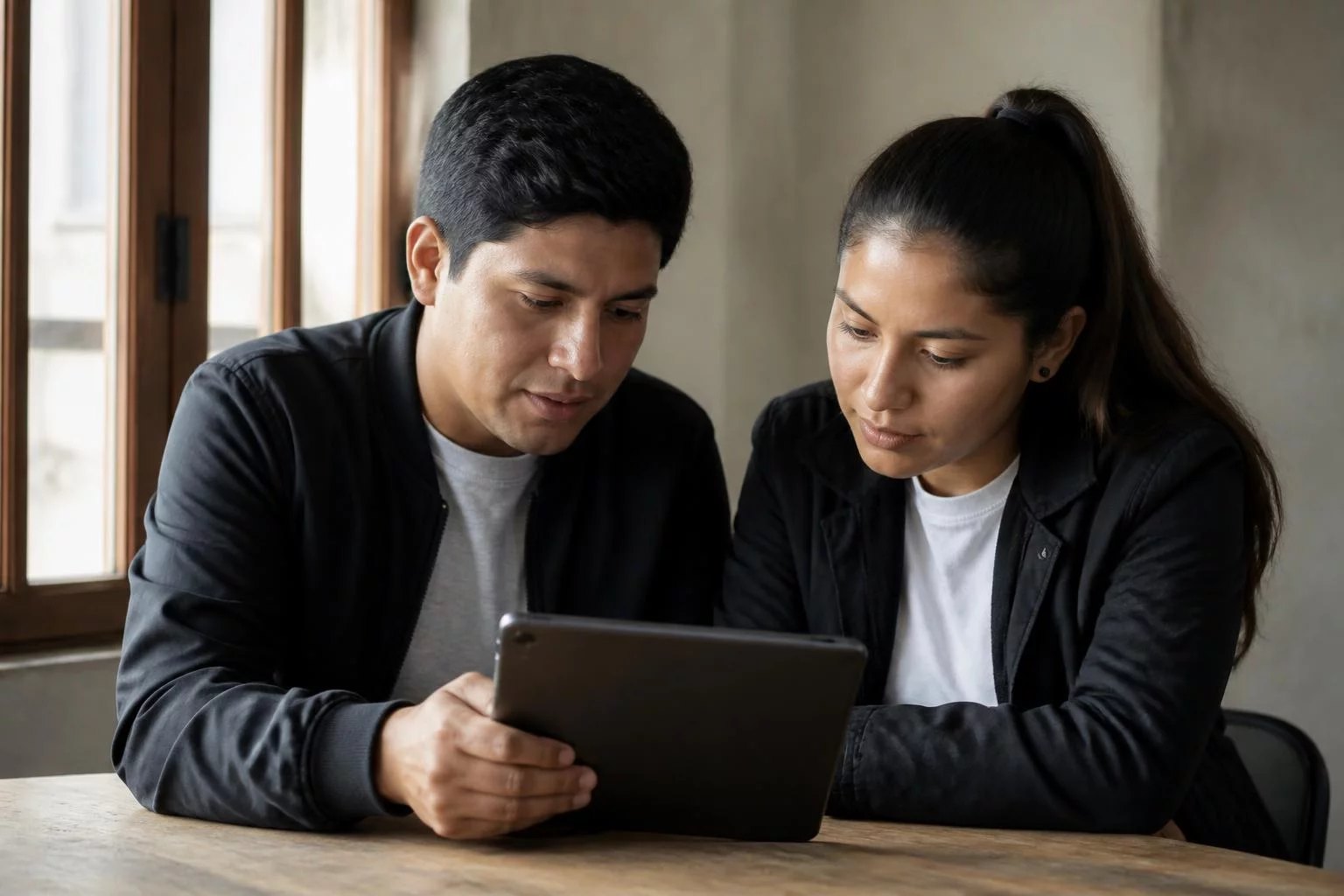 Dos colegas consultando sus notas en una tablet